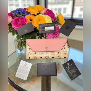 MCM EUC Pink & Cognac Visetos Envelope Wallet with unbranded wallet chain